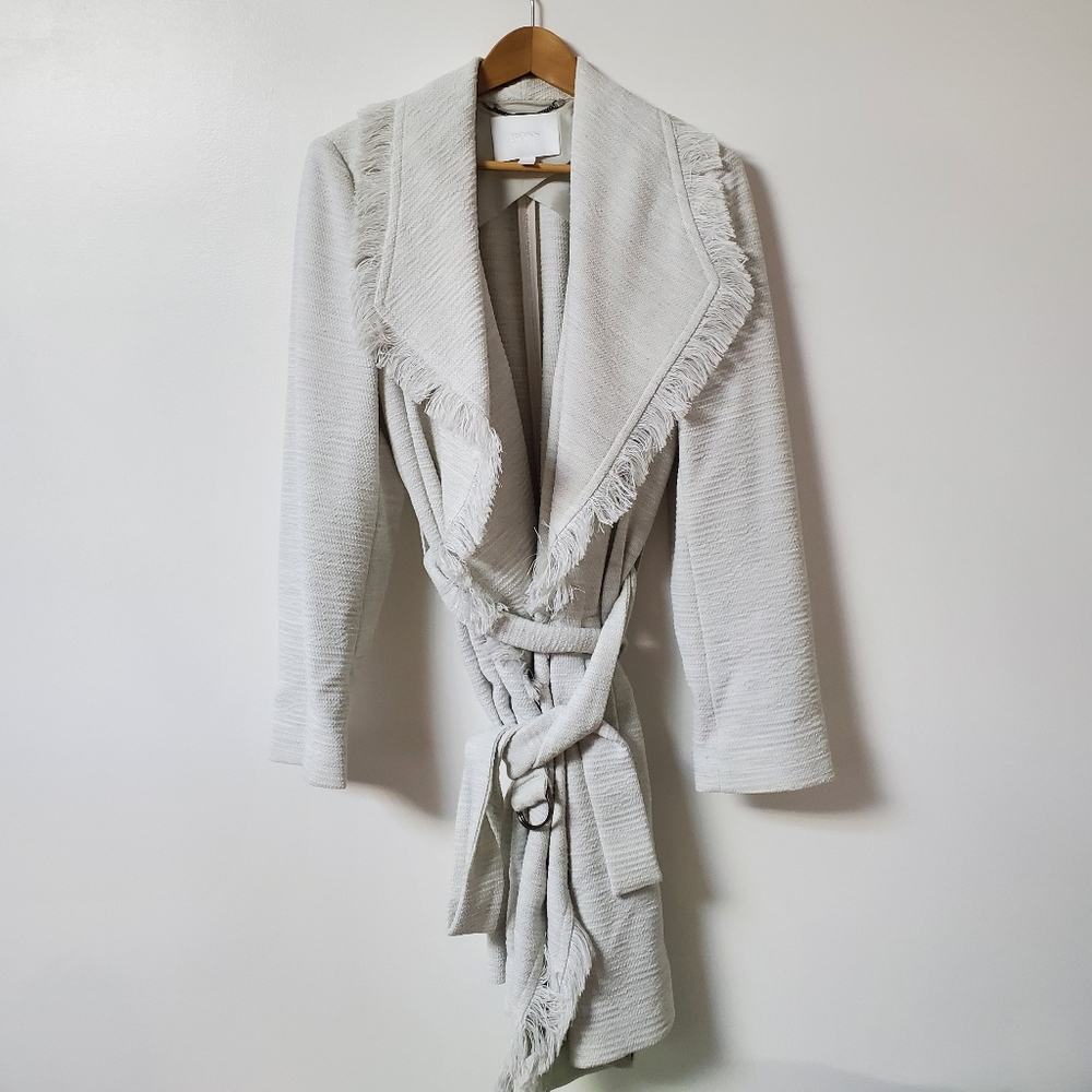 Hugo Boss off white fringe collar belted jacket